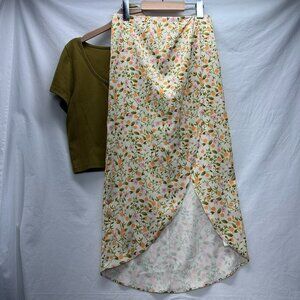 Urban Outfitters Satin Skirt Orange Floral Size Small Cotton Blend High Low Zip